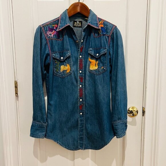 Tops - Vtg 70's Maverick Embroidered Denim Pearl Snap Shirt Long Tail Western Cowboy